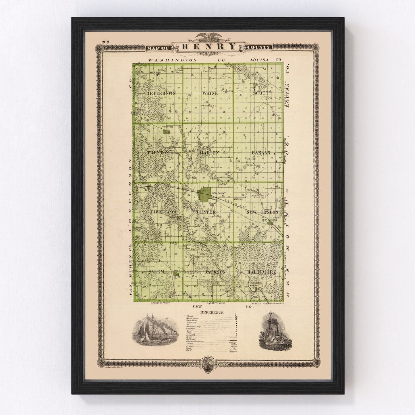 Vintage map of Henry County, Iowa, 1875