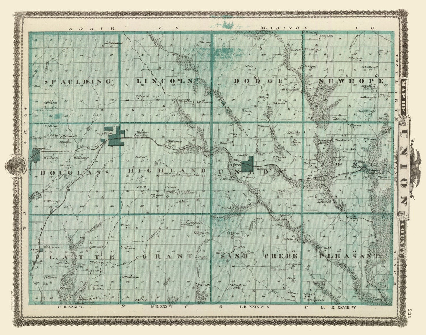 Vintage Map of Union County, Iowa, 1875