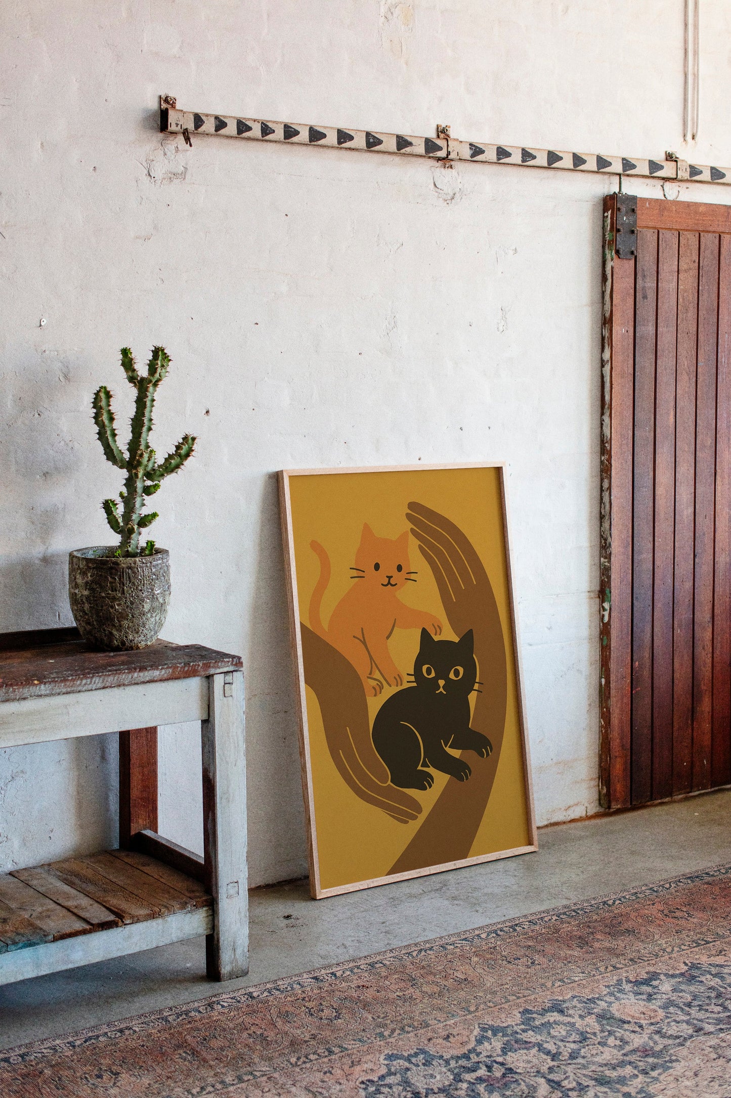 Two Cats Embrace Minimalist Cat Wall Art Print