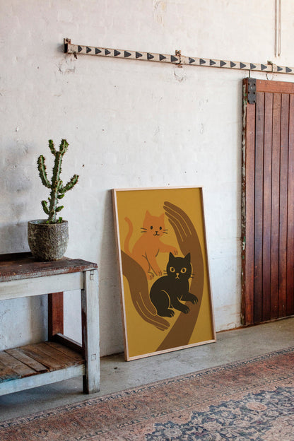 Two Cats Embrace Minimalist Cat Wall Art Print