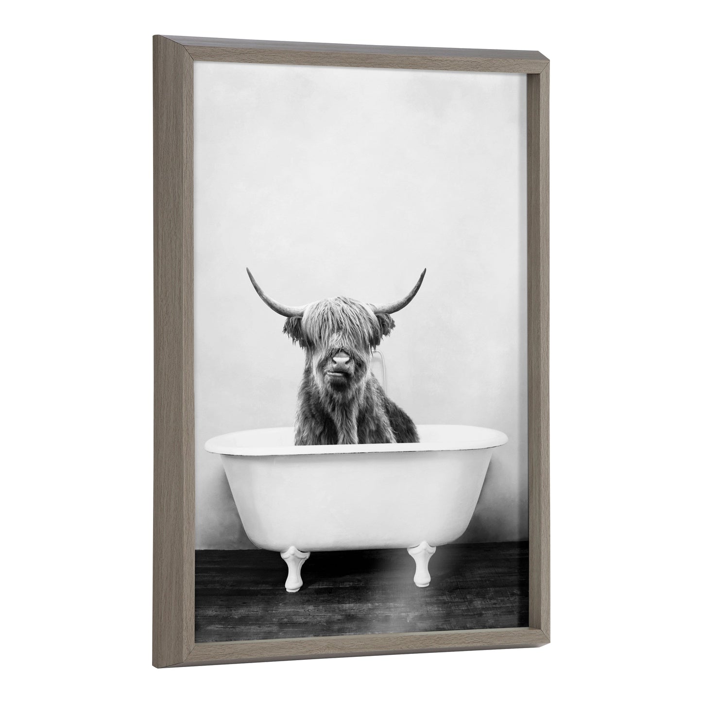 Black and white Highland cow in the tub framed glass wall art, funny bathroom decor