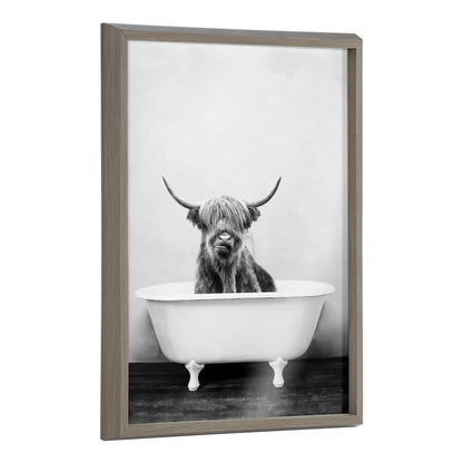 Black and white Highland cow in the tub framed glass wall art, funny bathroom decor