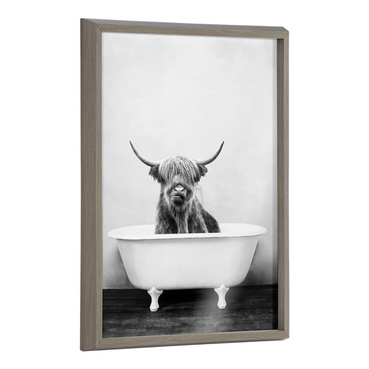 Black and white Highland cow in the tub framed glass wall art, funny bathroom decor