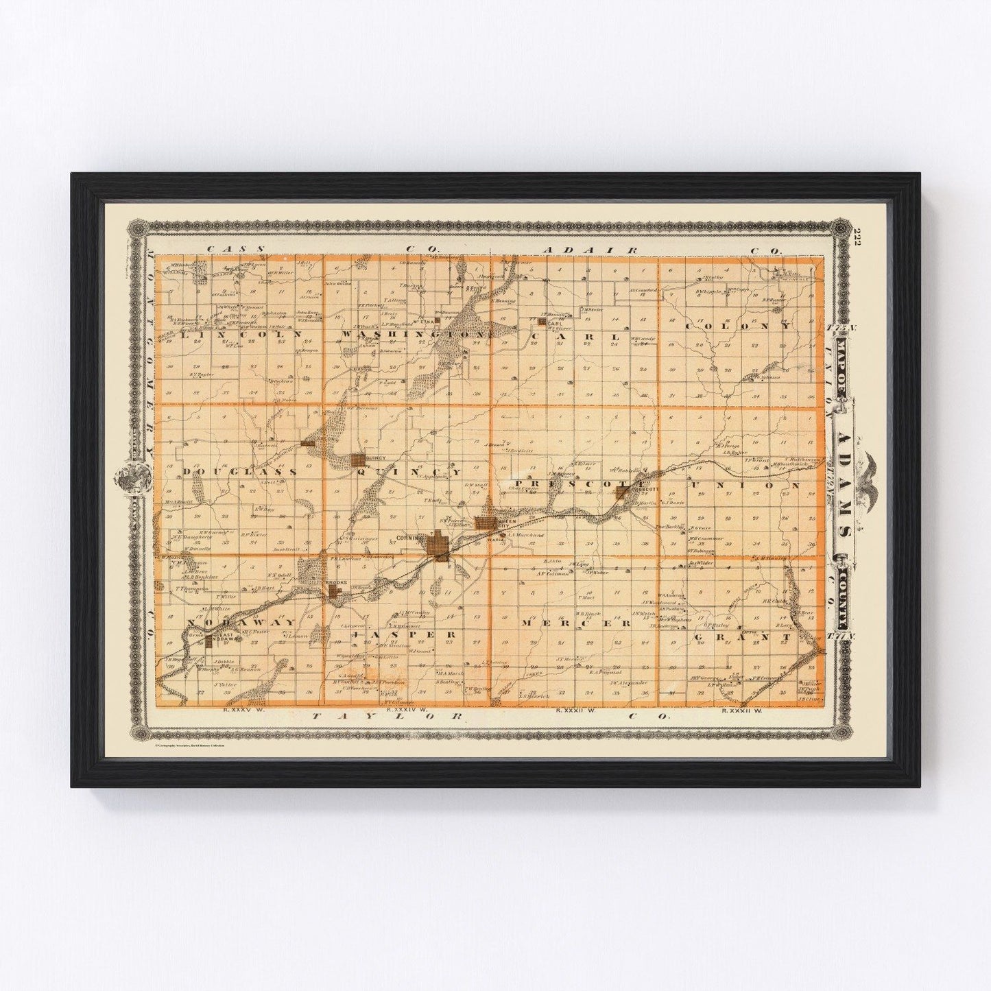 Vintage map of Adams County, Iowa, 1875 - restored county atlas with Corning and Prescott