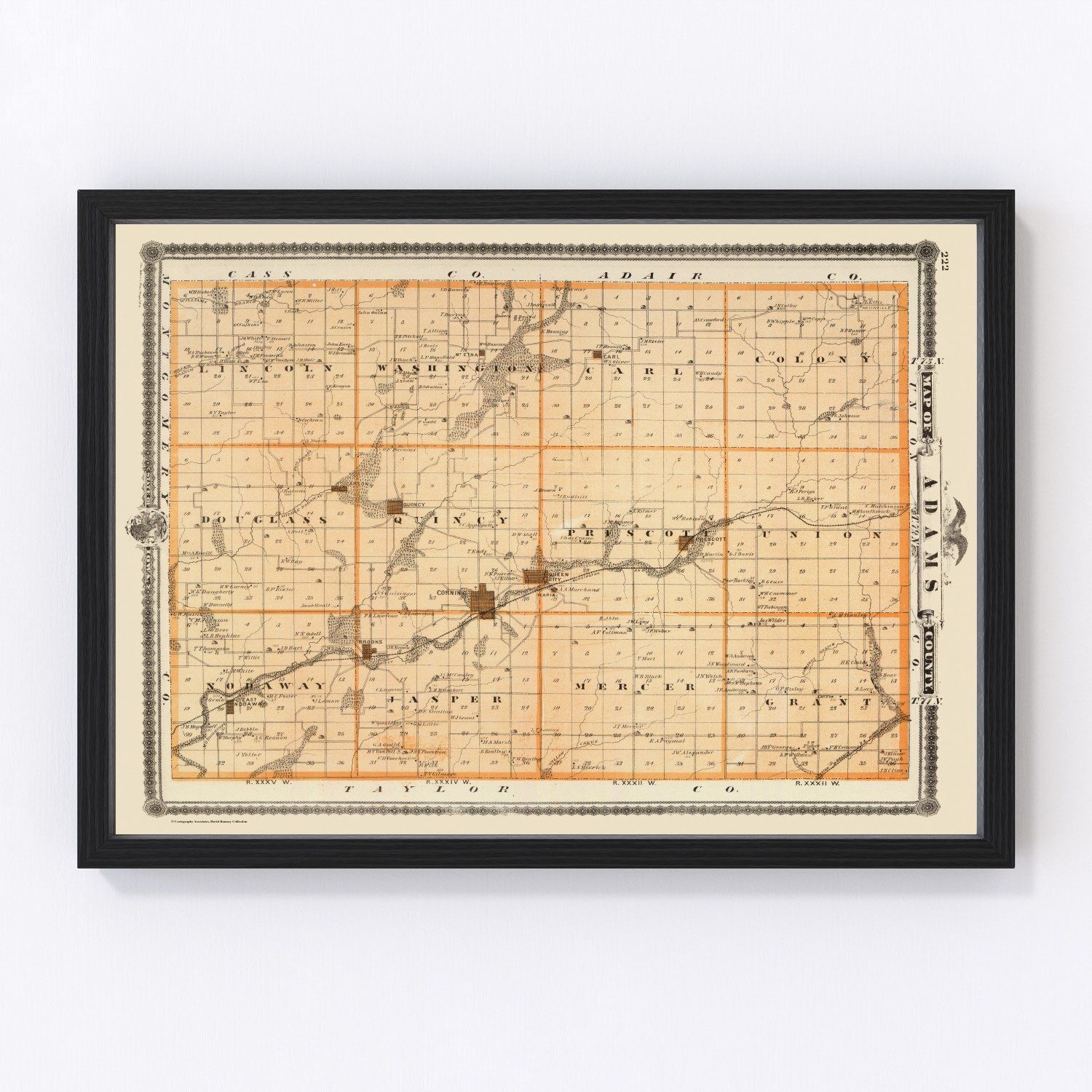 Vintage map of Adams County, Iowa, 1875 - restored county atlas with Corning and Prescott
