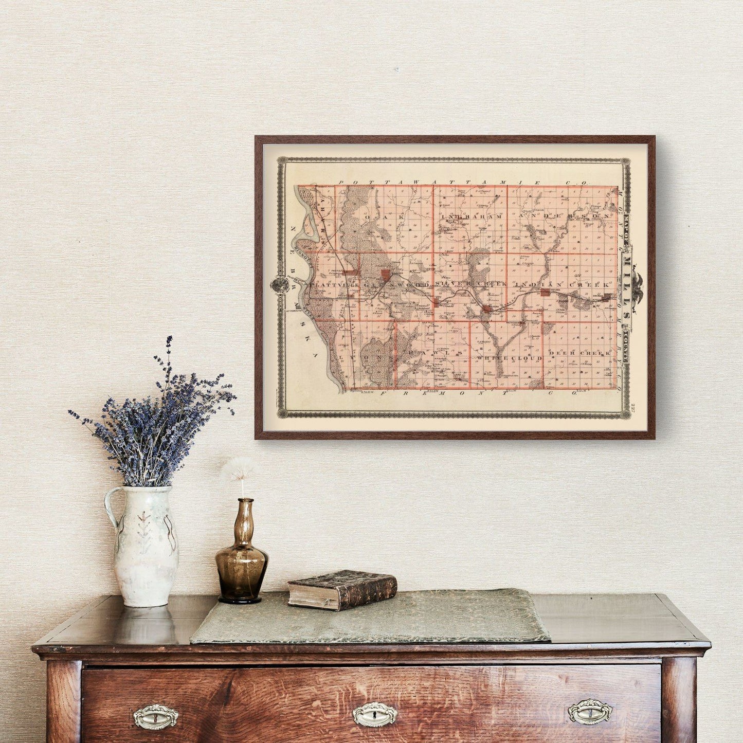 Vintage Map of Mills County, Iowa, 1875