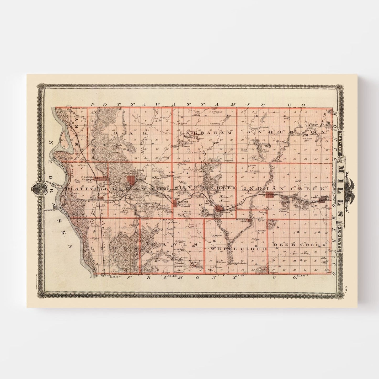 Vintage Map of Mills County, Iowa, 1875