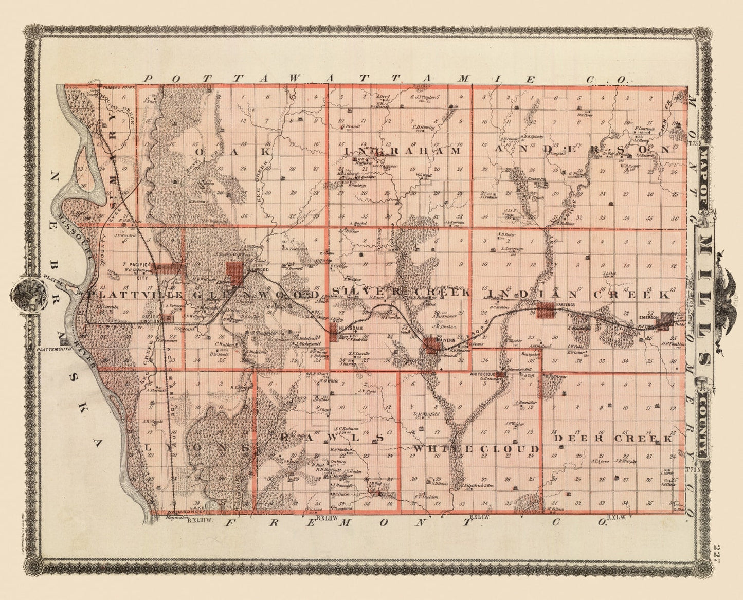 Vintage Map of Mills County, Iowa, 1875