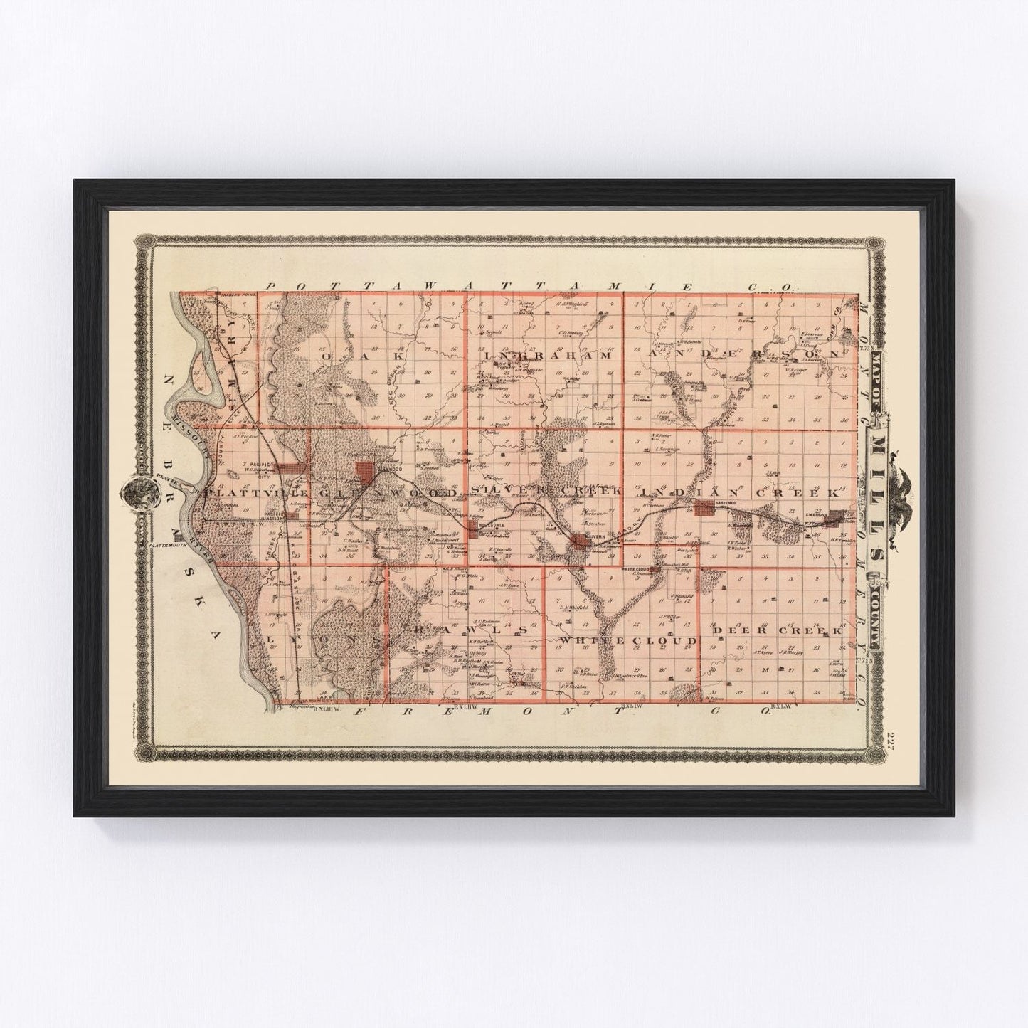 vintage map of Mills County, Iowa, 1875