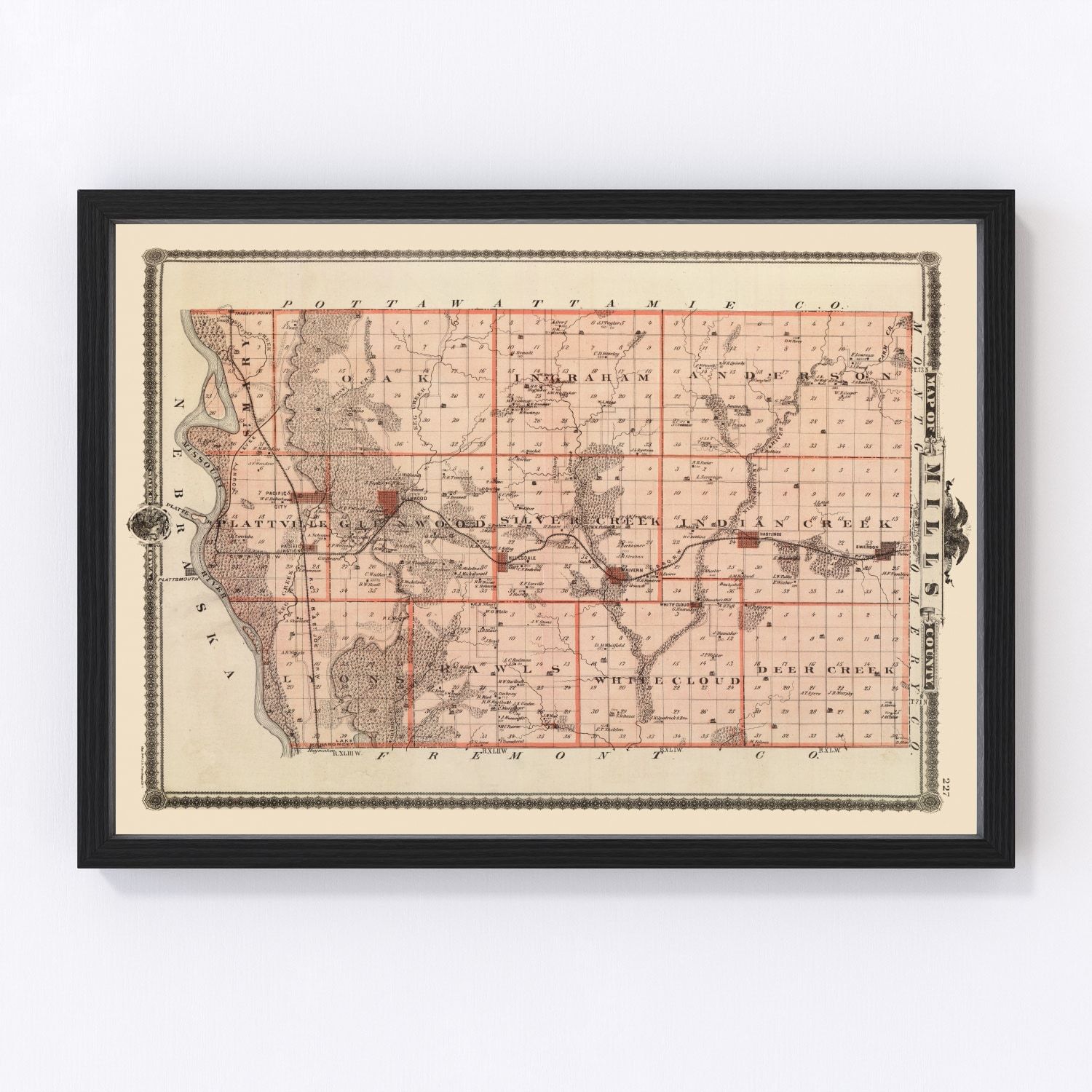vintage map of Mills County, Iowa, 1875