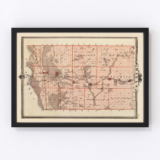 vintage map of Mills County, Iowa, 1875