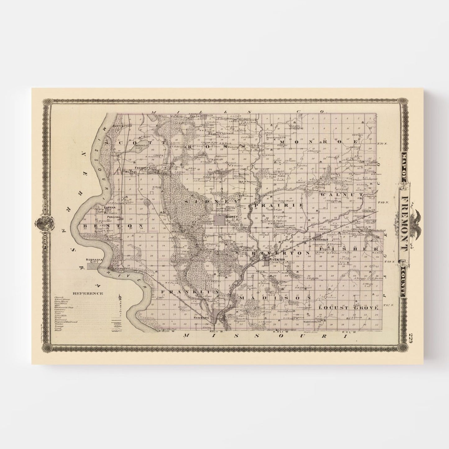 Vintage Map of Fremont County, Iowa, 1875