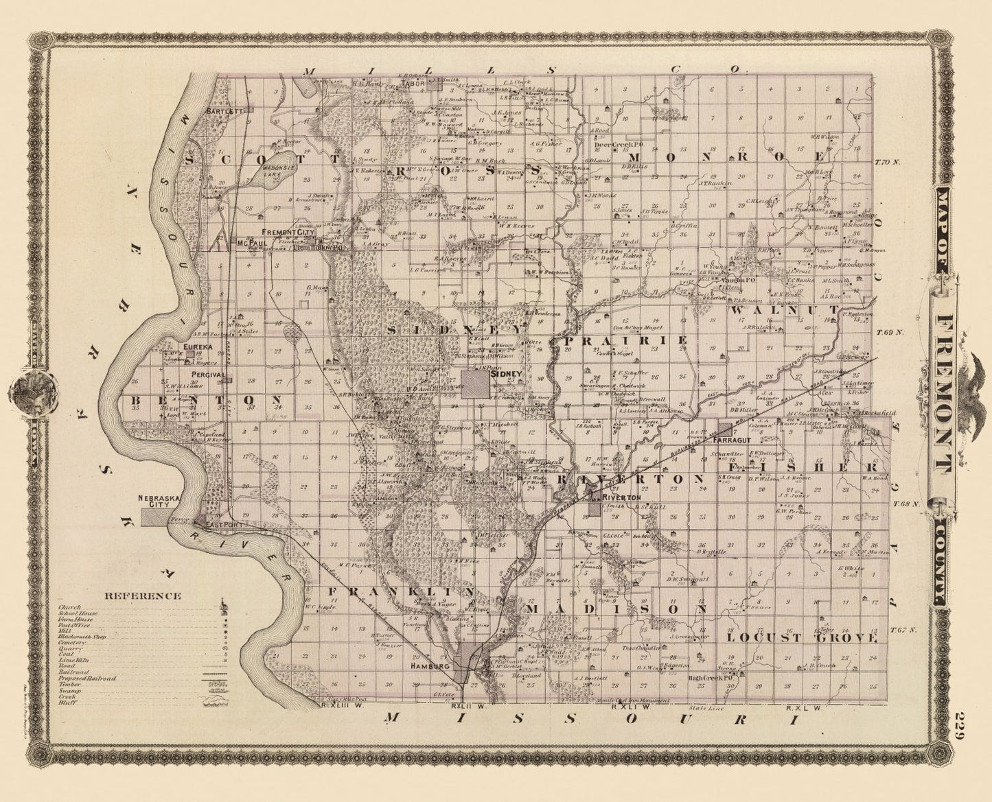 Vintage Map of Fremont County, Iowa, 1875