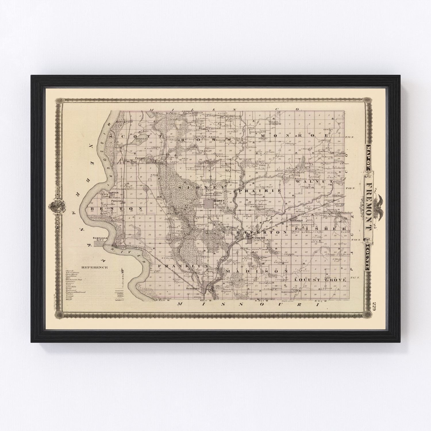 vintage map of Fremont County, Iowa, 1875