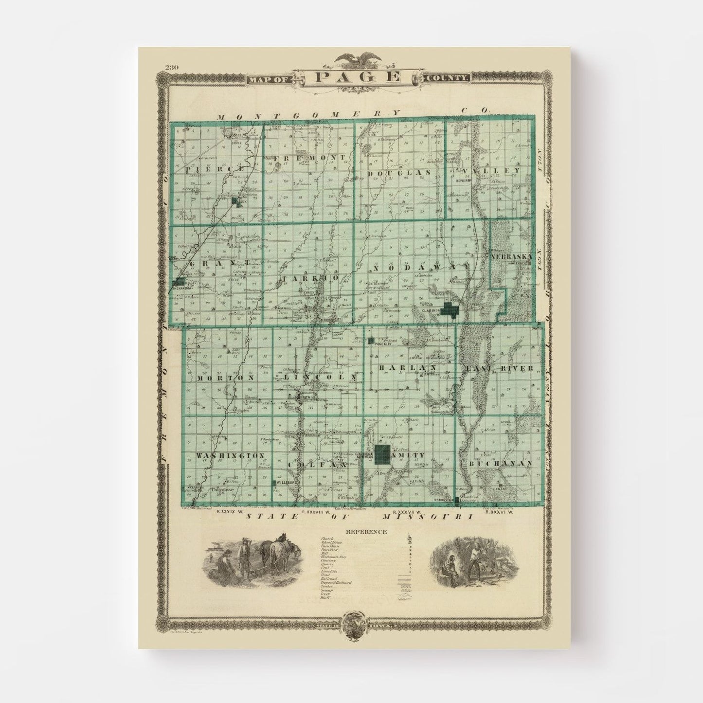Vintage Map of Page County, Iowa, 1875