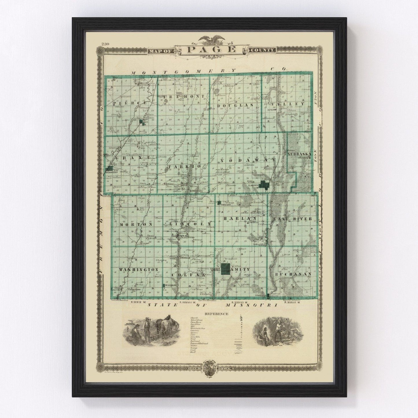 Vintage map of Page County, Iowa, 1875