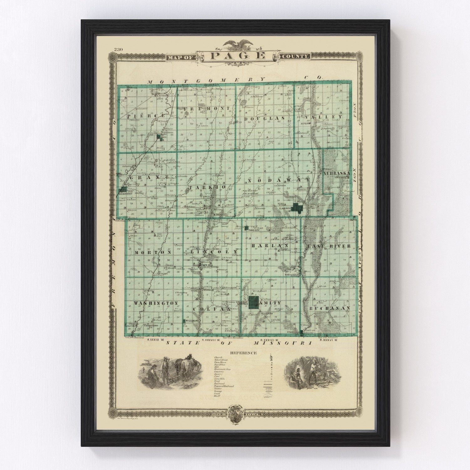 Vintage map of Page County, Iowa, 1875
