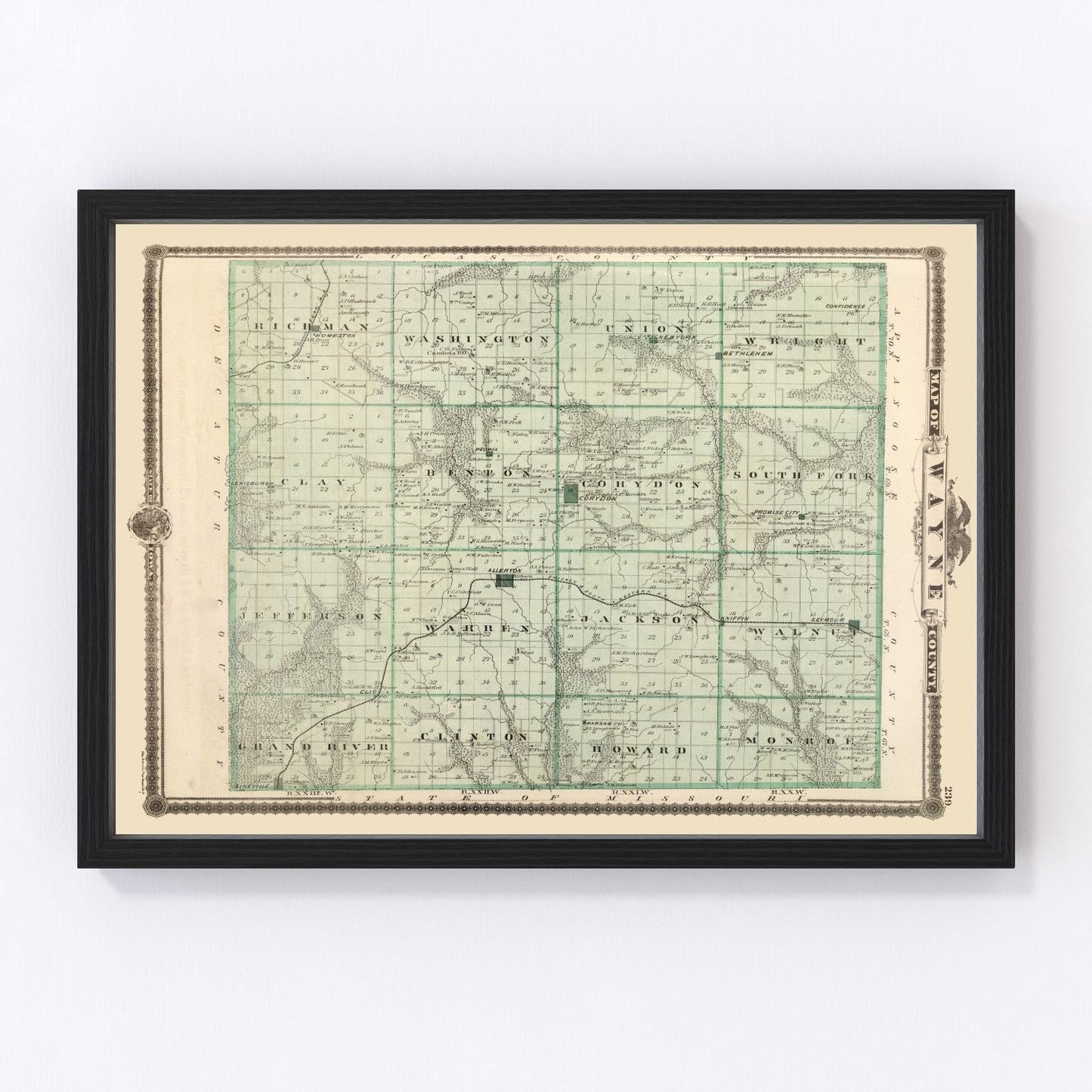 Vintage map of Wayne County, Iowa, 1875 - Corydon restored cartographic print