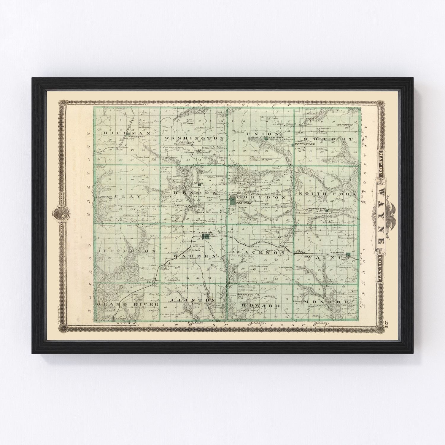 Vintage map of Wayne County, Iowa, 1875 - Corydon restored cartographic print