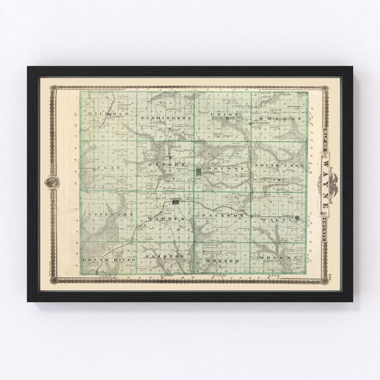 Vintage map of Wayne County, Iowa, 1875 - Corydon restored cartographic print