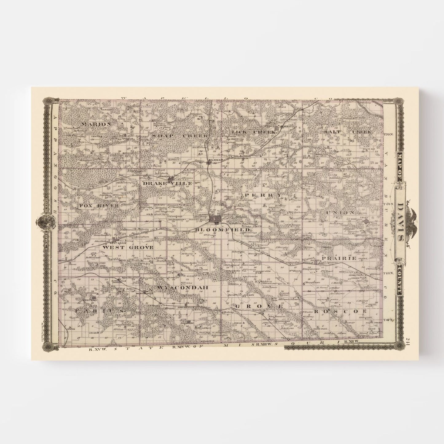 Vintage Map of Davis County, Iowa, 1875