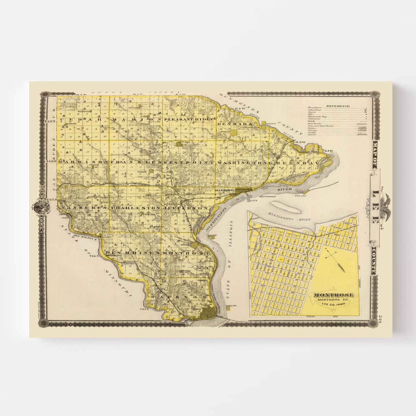 Vintage Map of Lee County, Iowa, 1875