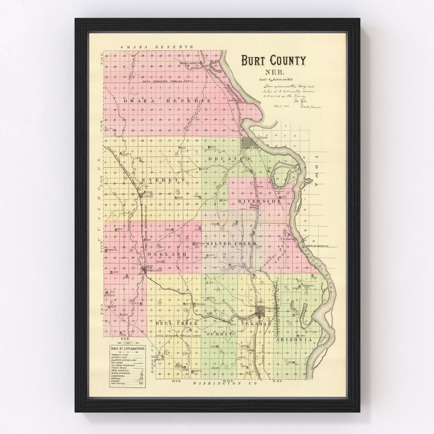 Vintage map of Burt County, Nebraska, 1885, Tekamah restored print