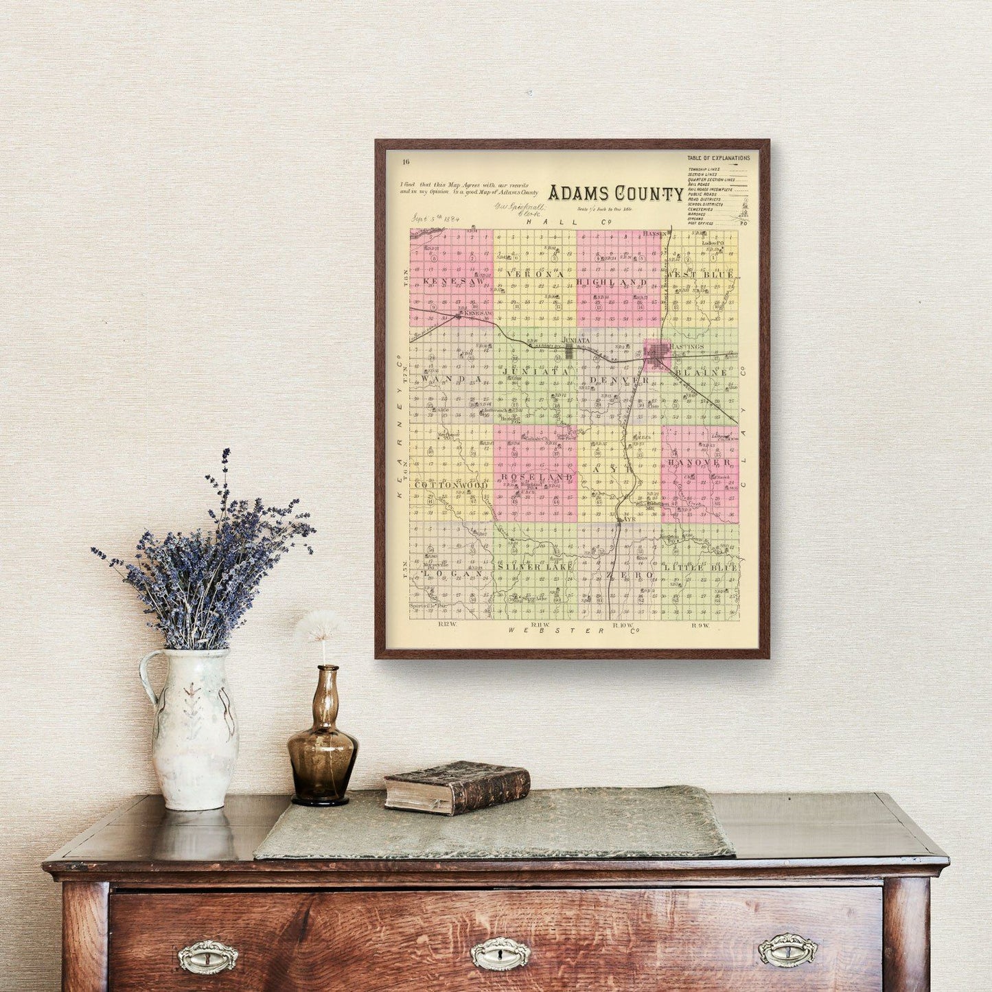 Vintage Map of Adams County, Nebraska, 1885