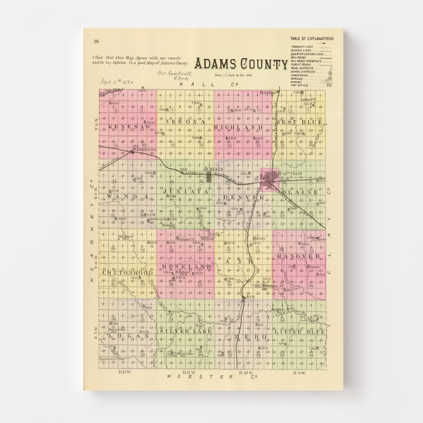 Vintage Map of Adams County, Nebraska, 1885