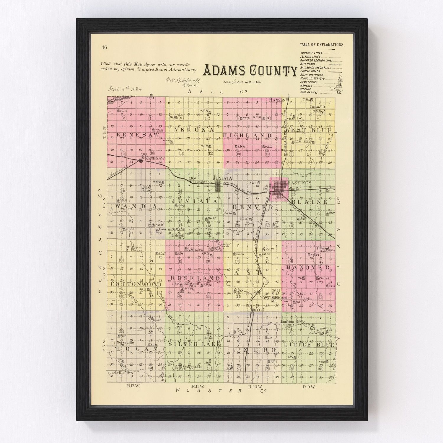 Vintage map of Adams County, Nebraska, 1885 - restored Great Plains county survey print