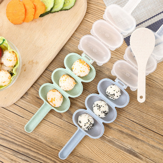 Rice Ball molds with food on a wooden surface