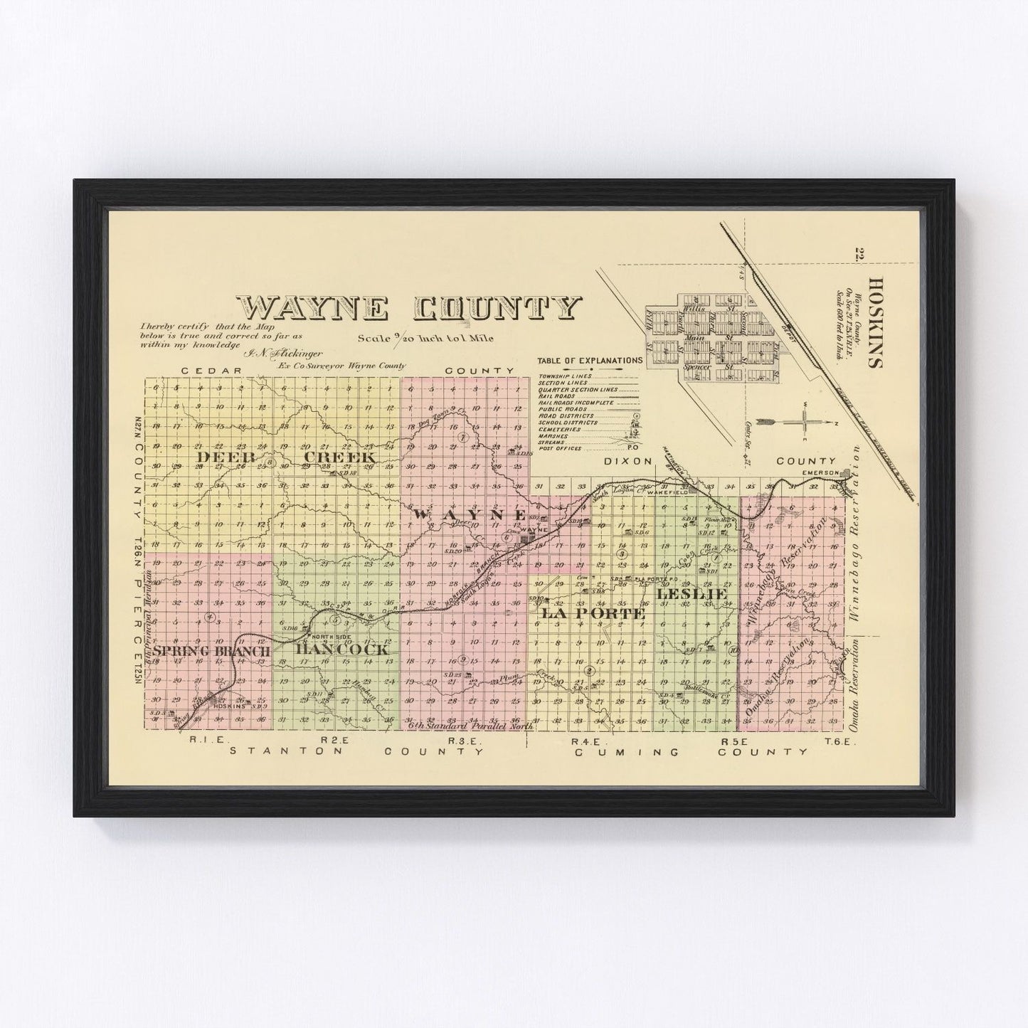 Vintage map of Wayne County, Nebraska, 1885 - restored cartographic print