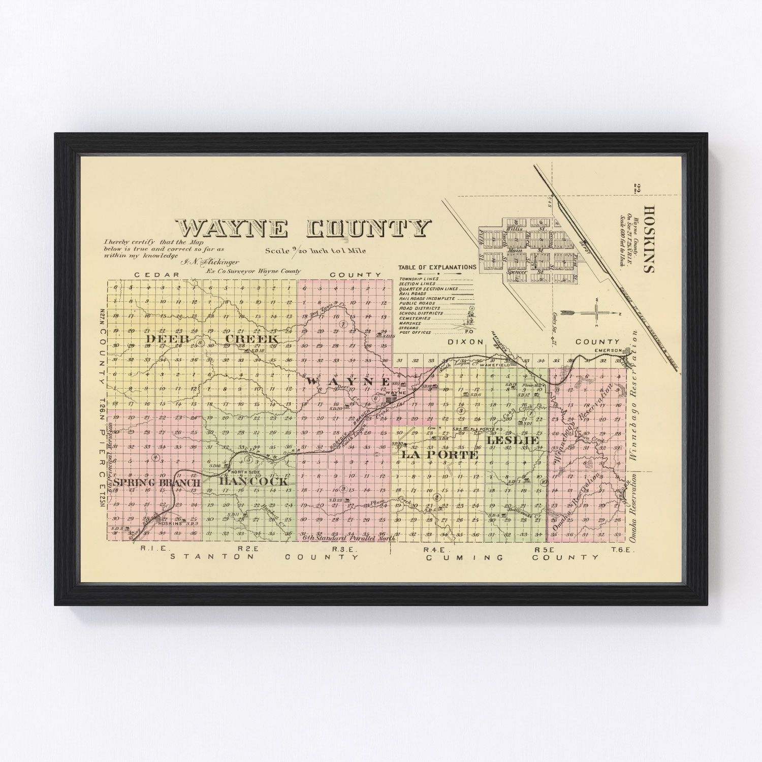 Vintage map of Wayne County, Nebraska, 1885 - restored cartographic print