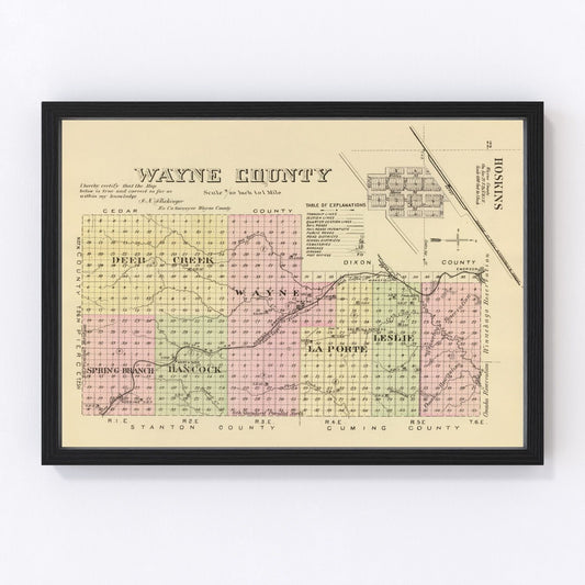 Vintage map of Wayne County, Nebraska, 1885 - restored cartographic print