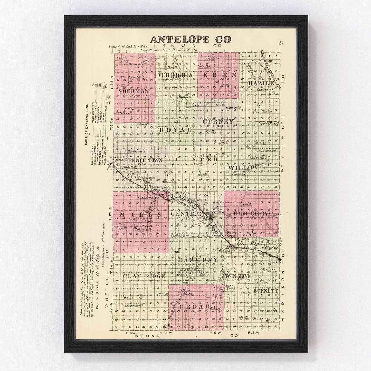 Restored vintage map of Antelope County, Nebraska, 1885