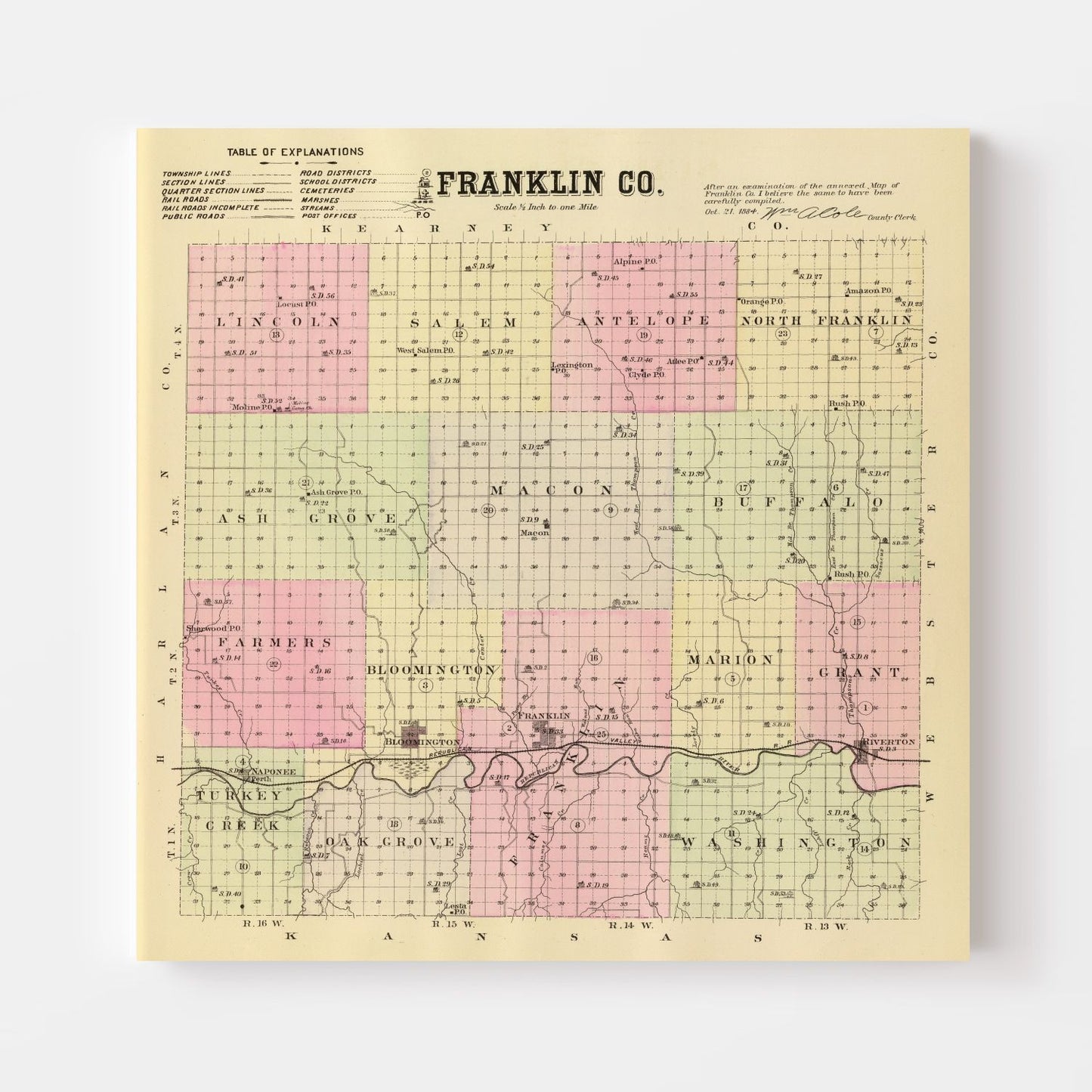 Vintage Map of Franklin County, Nebraska, 1885