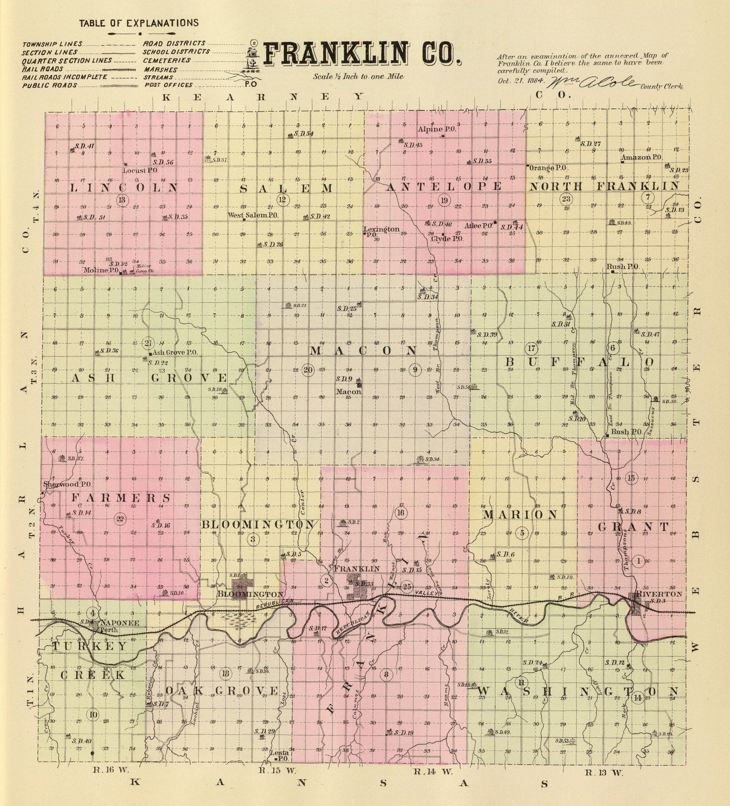 Vintage Map of Franklin County, Nebraska, 1885