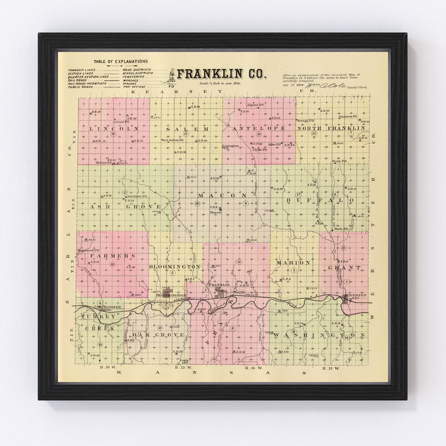 vintage map of Franklin County, Nebraska, 1885