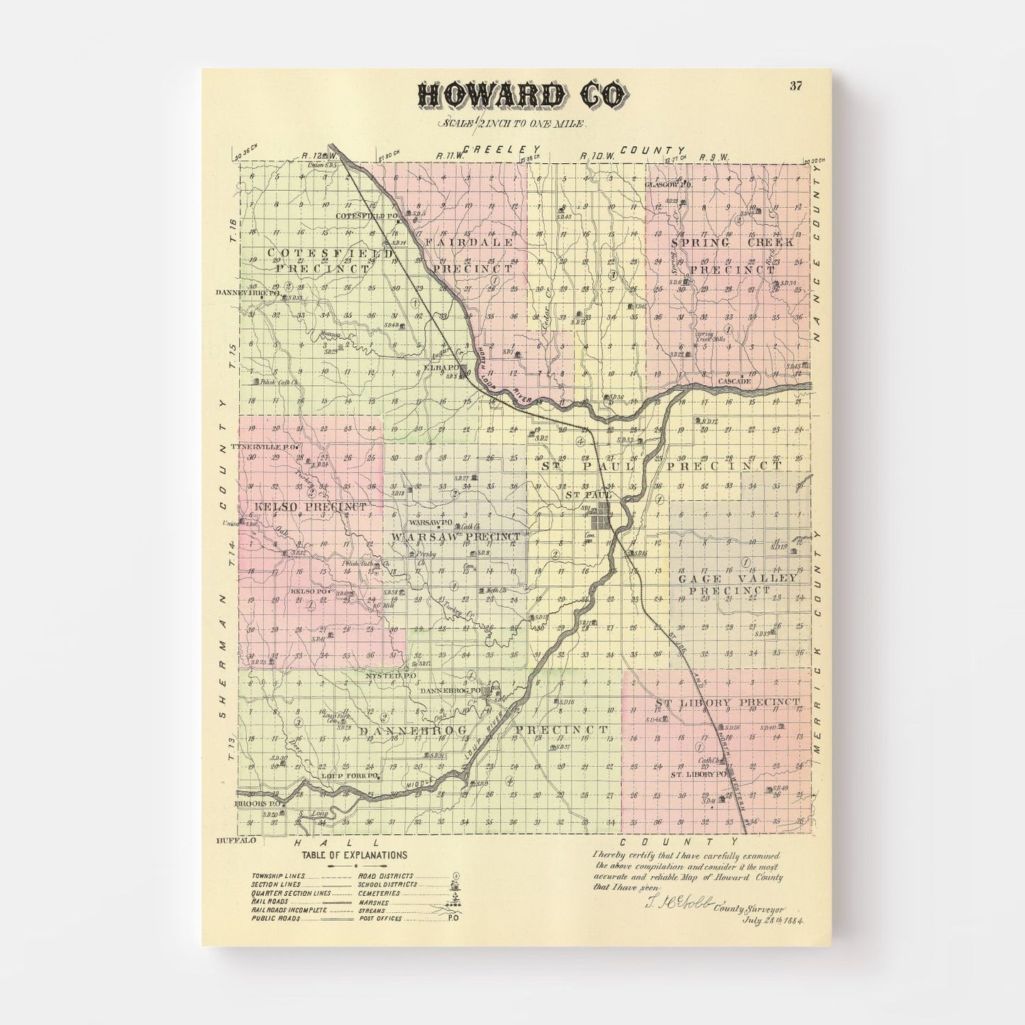 Vintage Map of Howard County, Nebraska, 1885