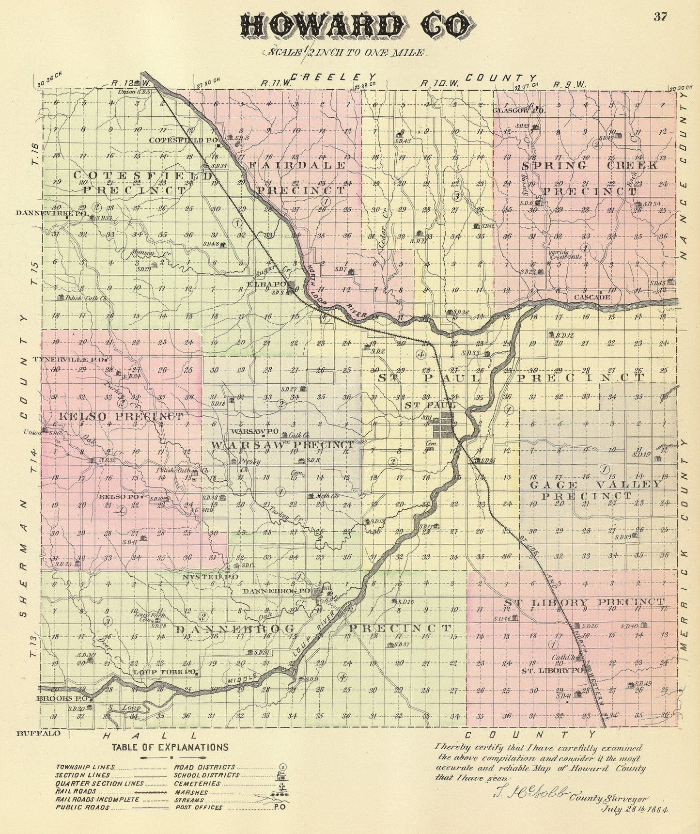 Vintage Map of Howard County, Nebraska, 1885