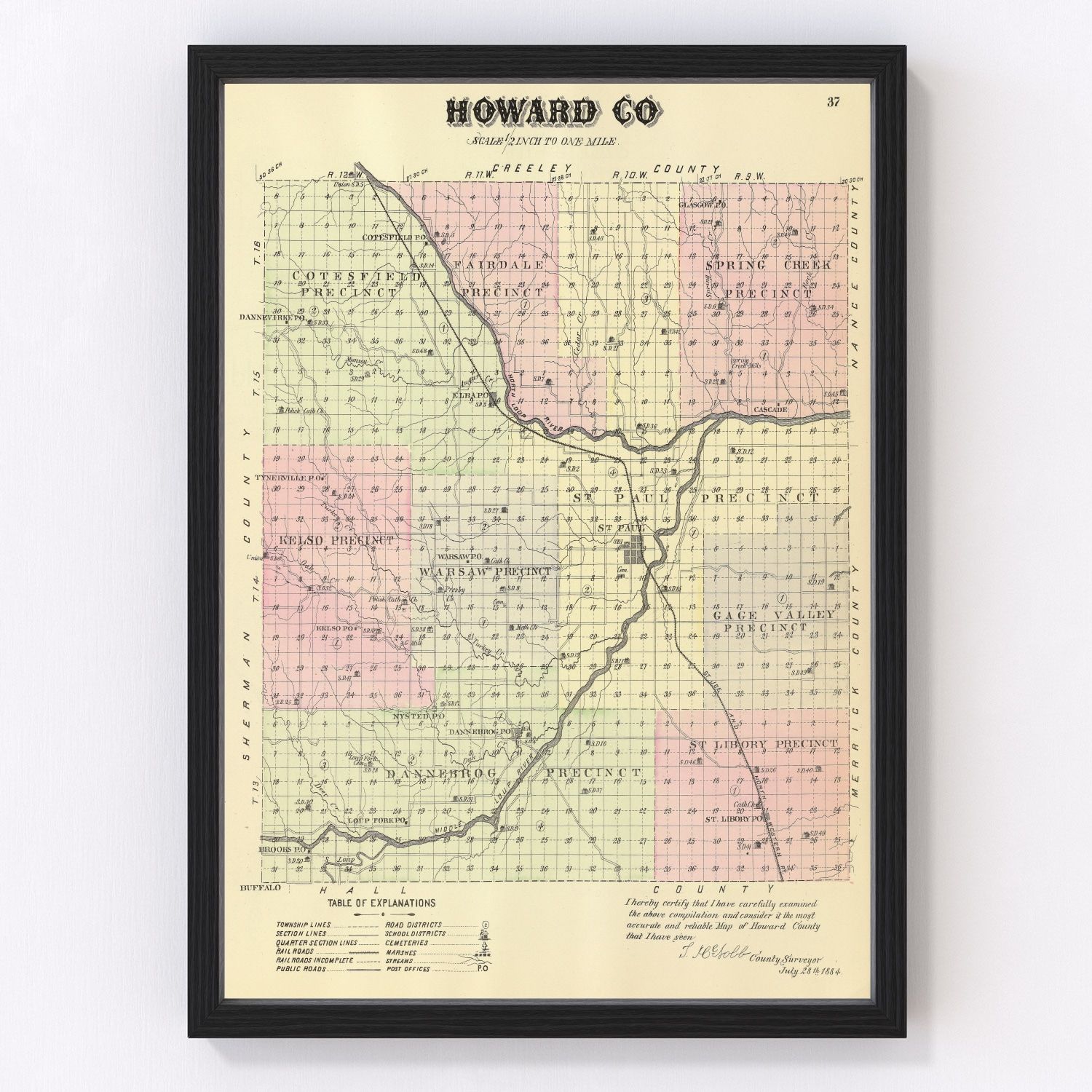 Vintage map of Howard County, Nebraska, 1885