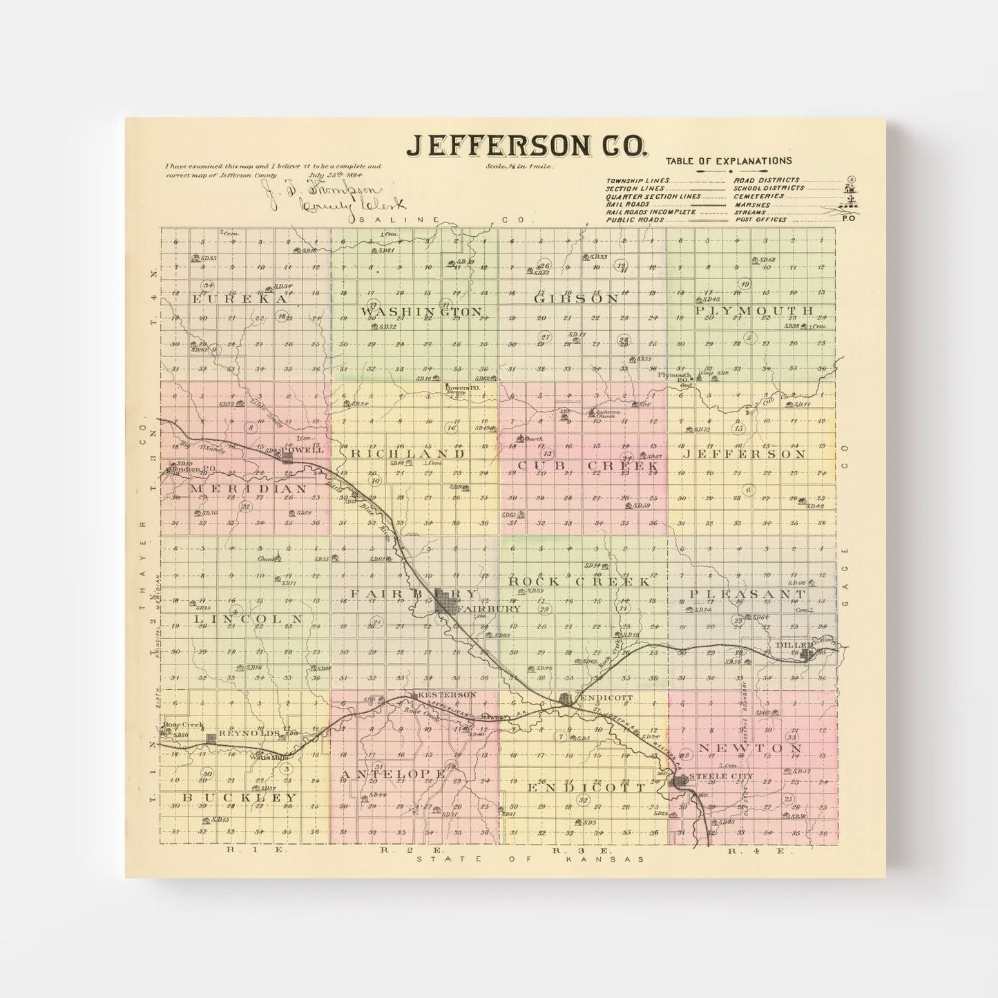 Vintage Map of Jefferson County, Nebraska, 1885