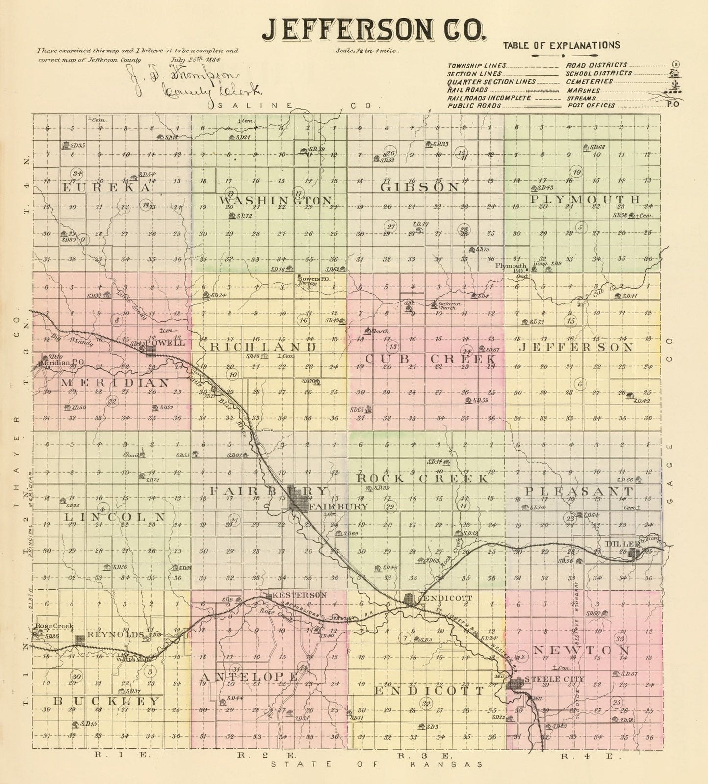 Vintage Map of Jefferson County, Nebraska, 1885