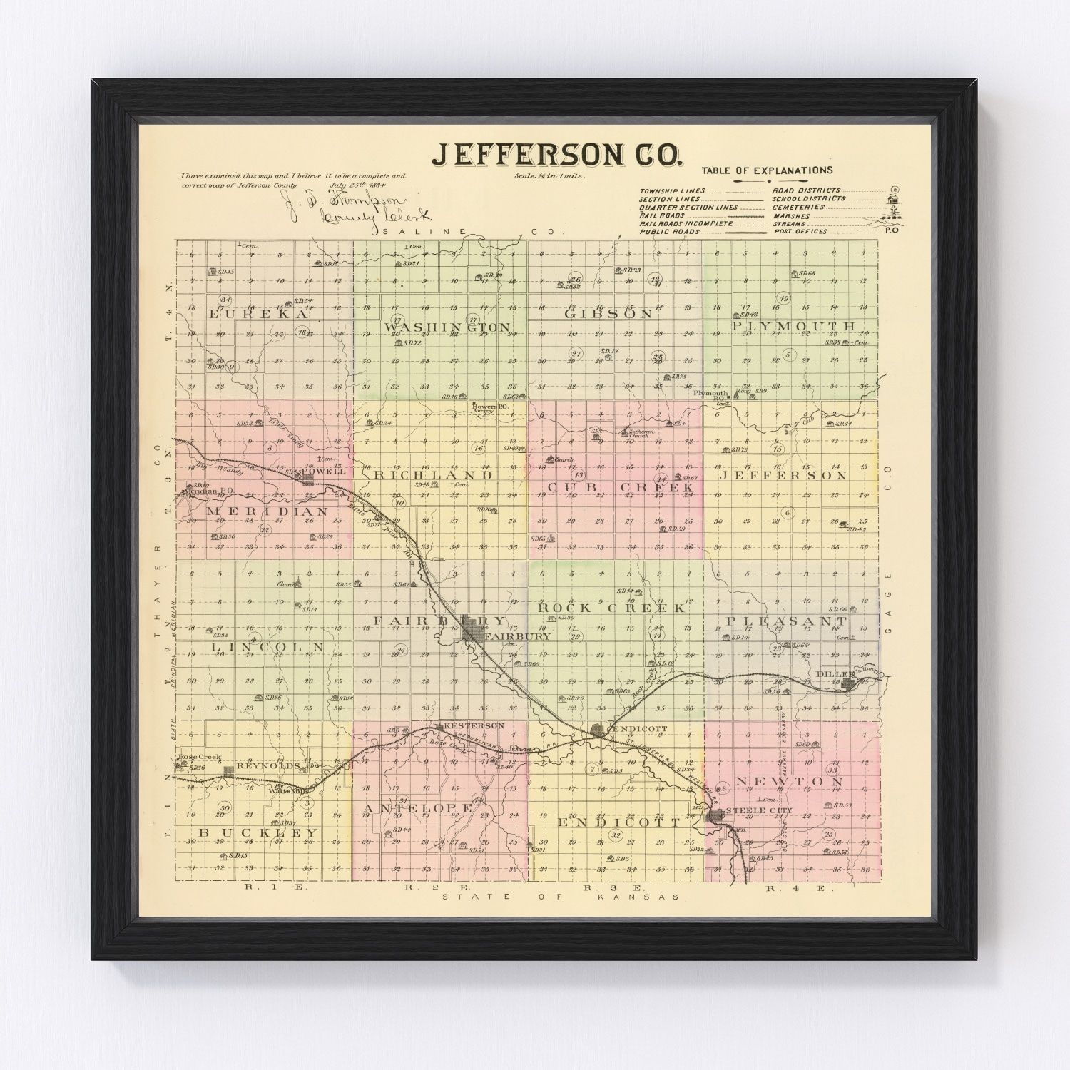 Vintage map of Jefferson County, Nebraska, 1885