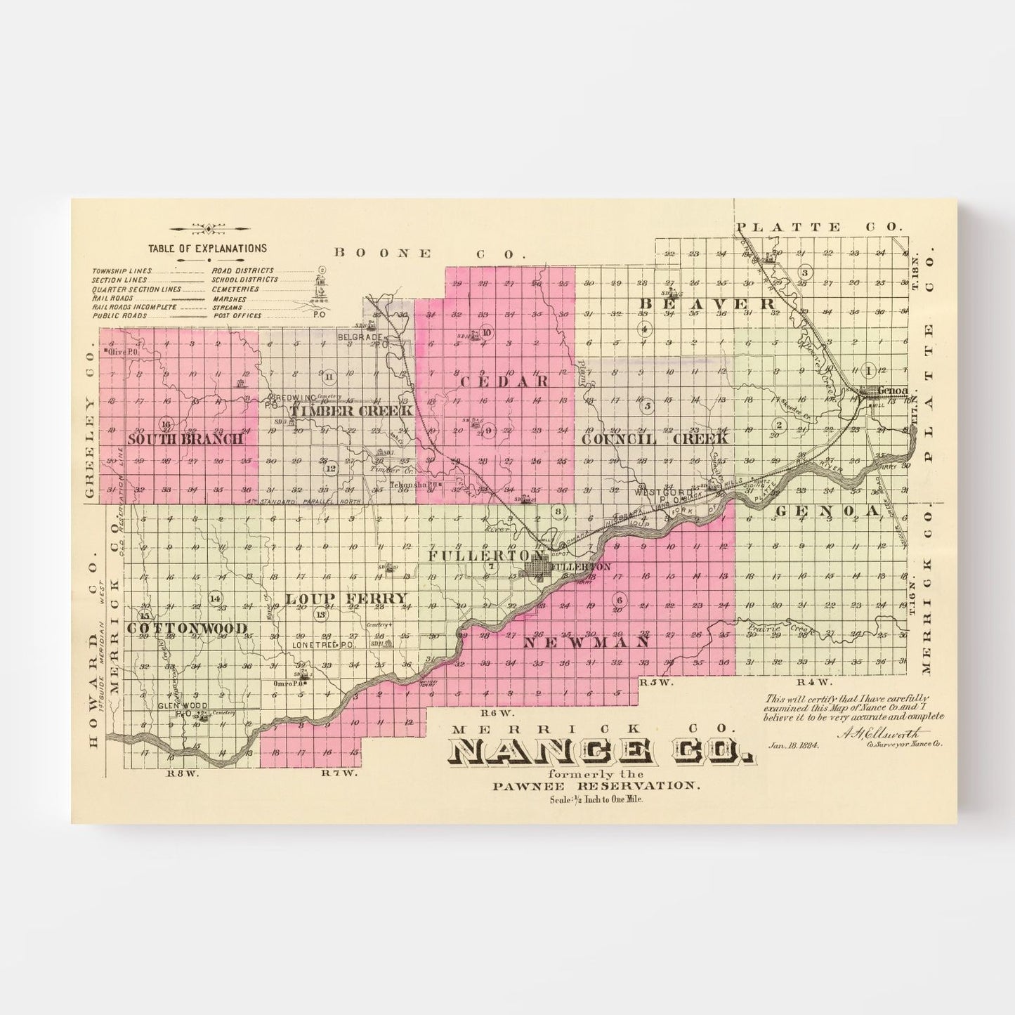 Vintage Map of Nance County, Nebraska, 1885