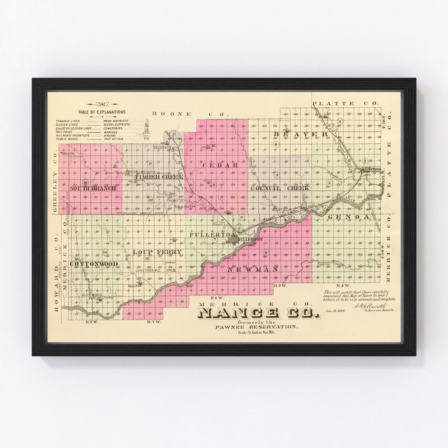vintage map of Nance County, Nebraska, 1885