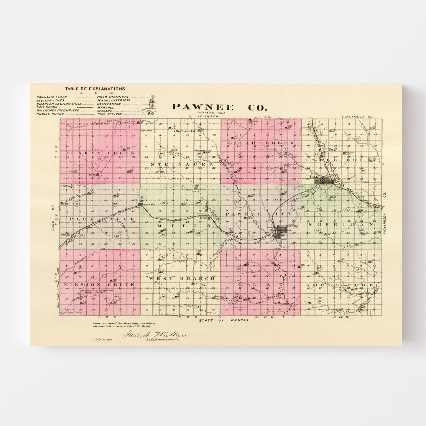 Vintage Map of Pawnee County, Nebraska, 1885