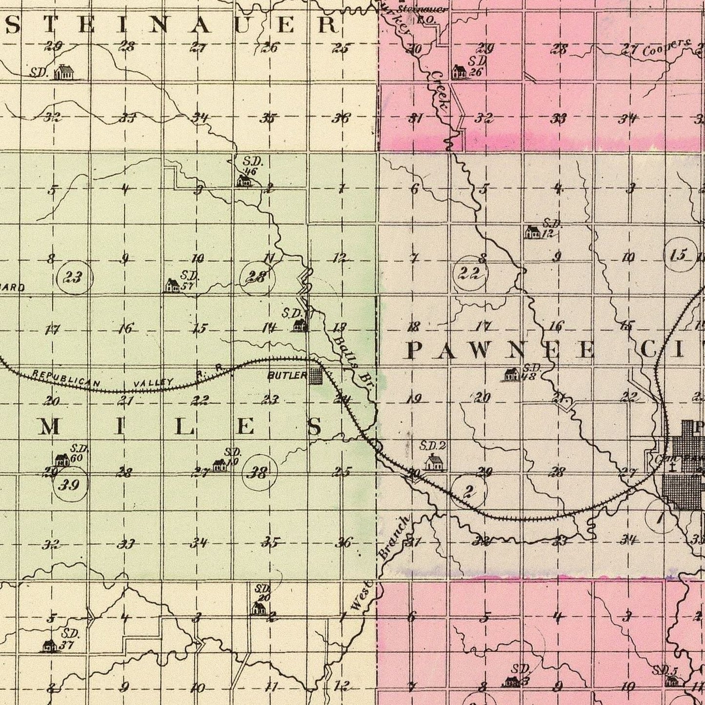 Vintage Map of Pawnee County, Nebraska, 1885