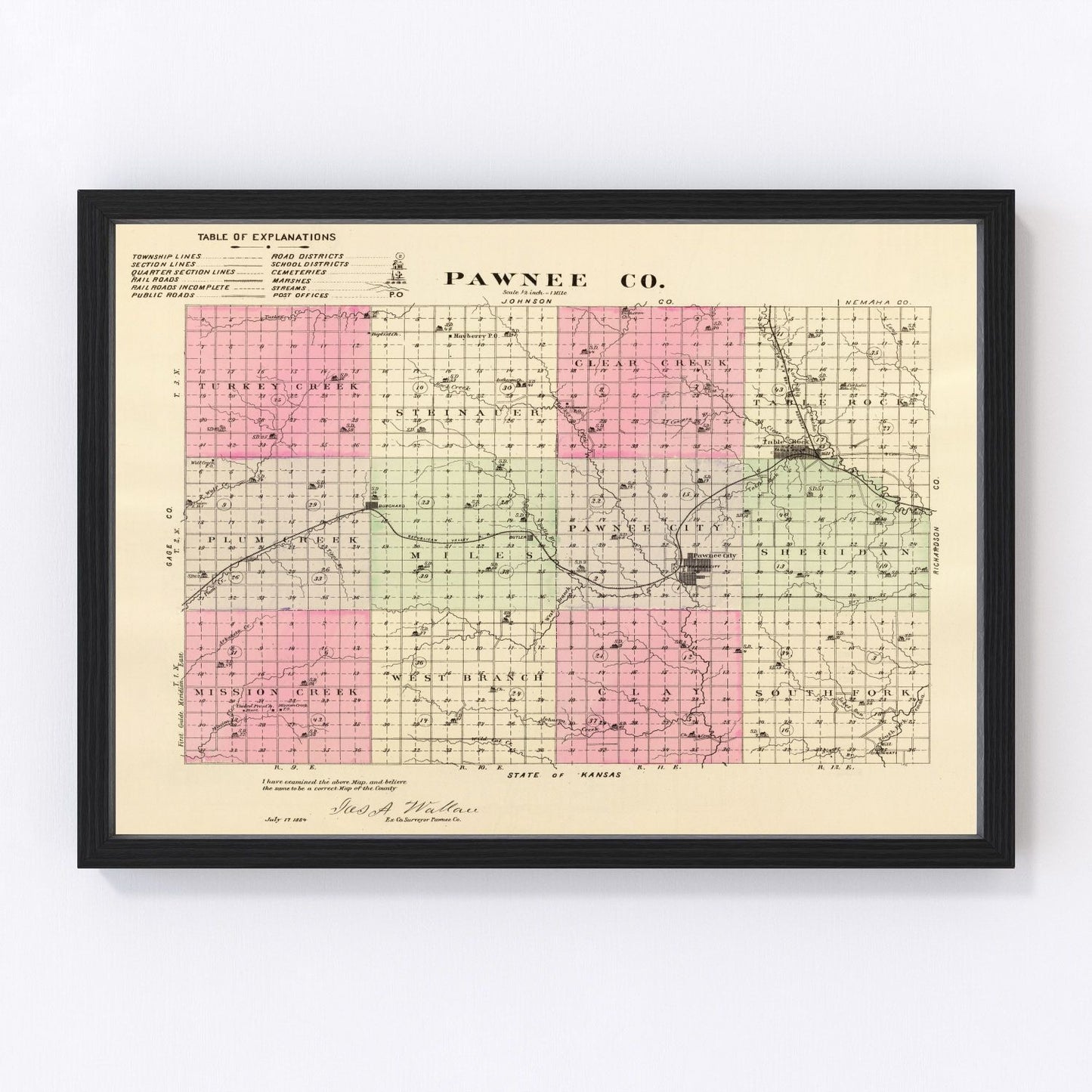 Vintage map of Pawnee County, Nebraska, 1885
