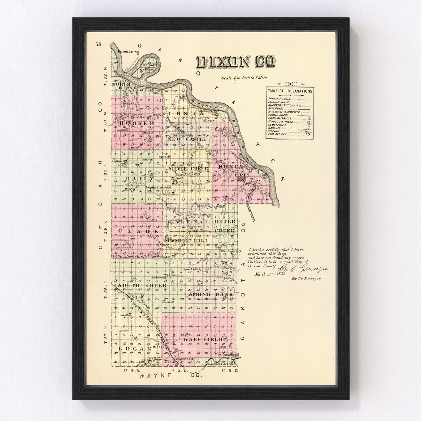 Vintage restored map of Dixon County, Nebraska, 1885, 19th-century township cartography